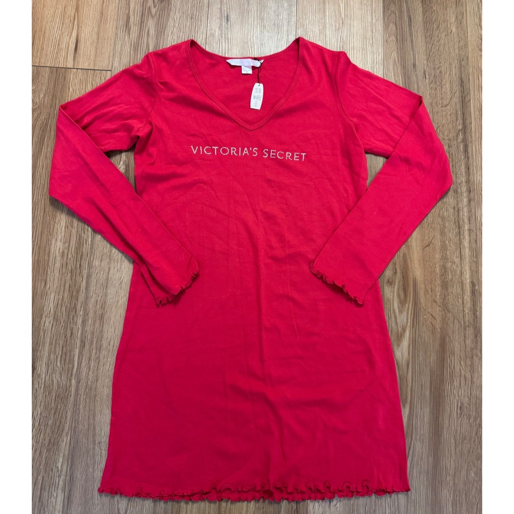 Vintage Victoria's Secret Y2K Red Rhinestone Long Sleeve Nightgown Sleep Shirt M